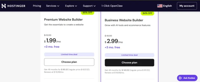 Hostinger pricing plans.