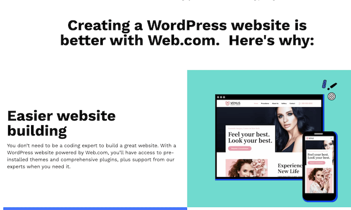 Web.com landing page with how easy it is to create a WordPress website. 