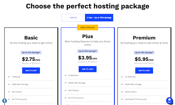 Web.com’s shared hosting pricing table with three plans. 