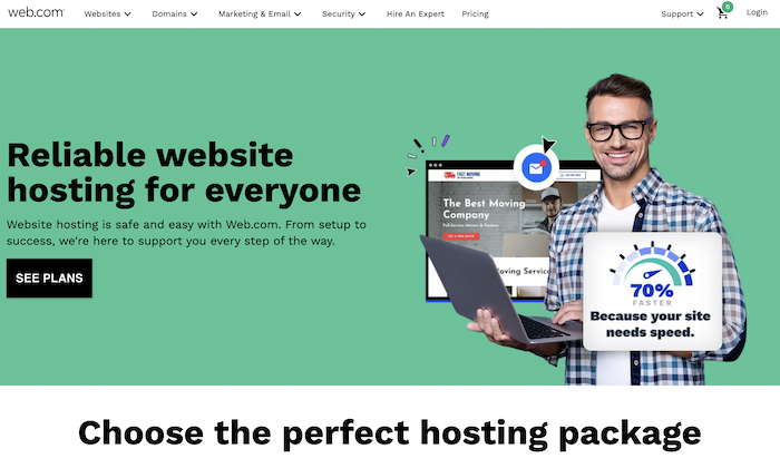 Web.com hosting landing page with a See Plans button. 