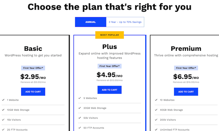 Web.com annual hosting plans with three options shown. 