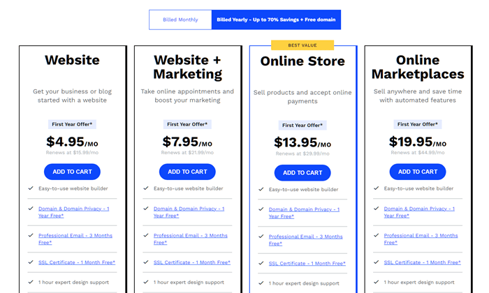 Web.com pricing page with four plans shown. 