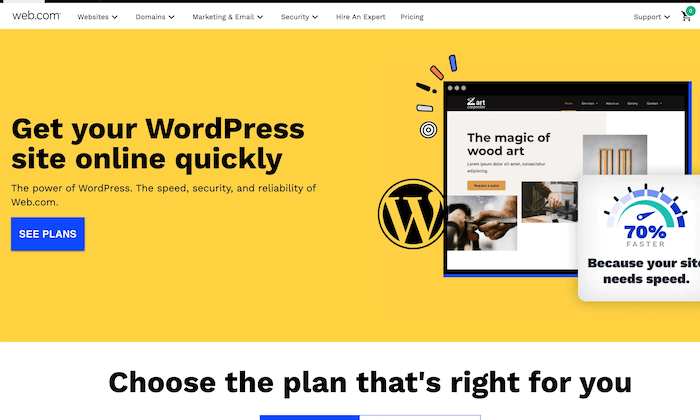 Web.com landing page for WordPress plans. 