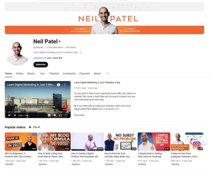 Neil Patel Youtube. 
