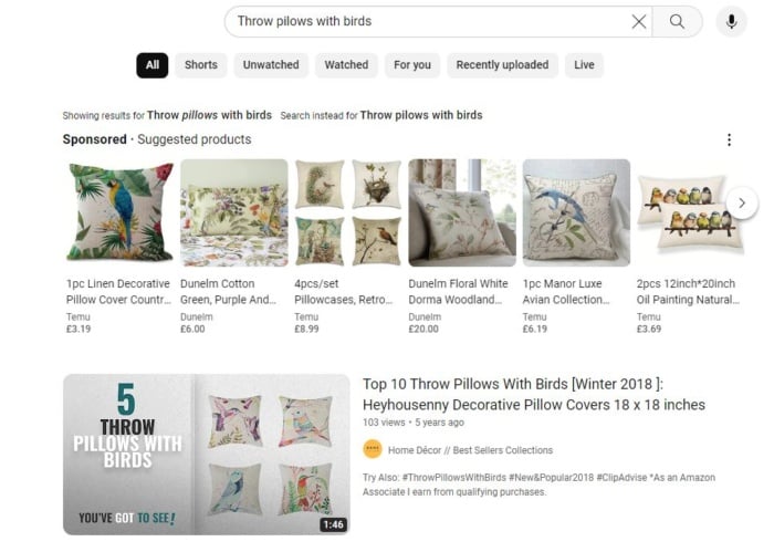 YouTube search results for "throw pillows with birds"