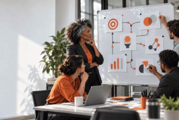 Equipe analisando gráficos e estratégias em quadro durante reunião de planejamento.