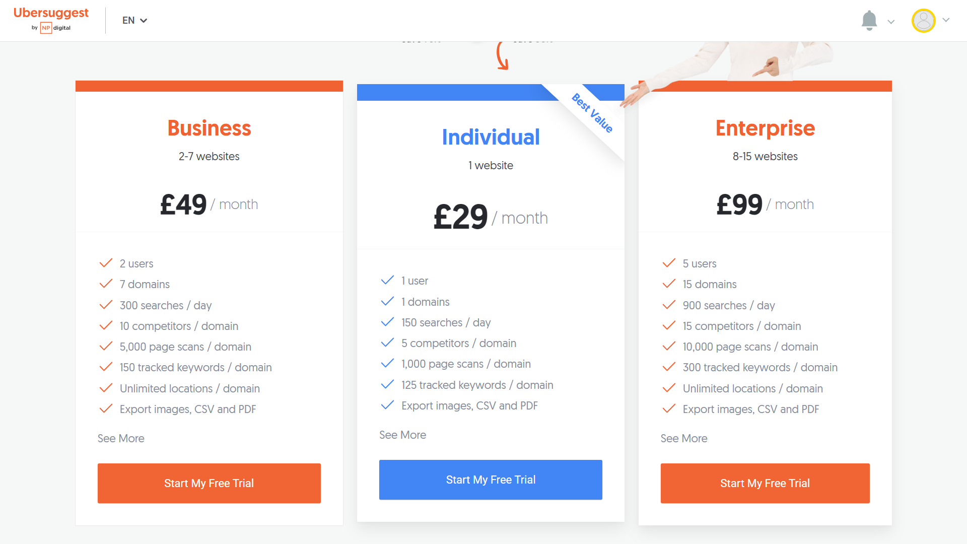 Ubersuggest plans with three options displayed. 
