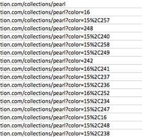 A list of filtered URLs on an e-commerce store website