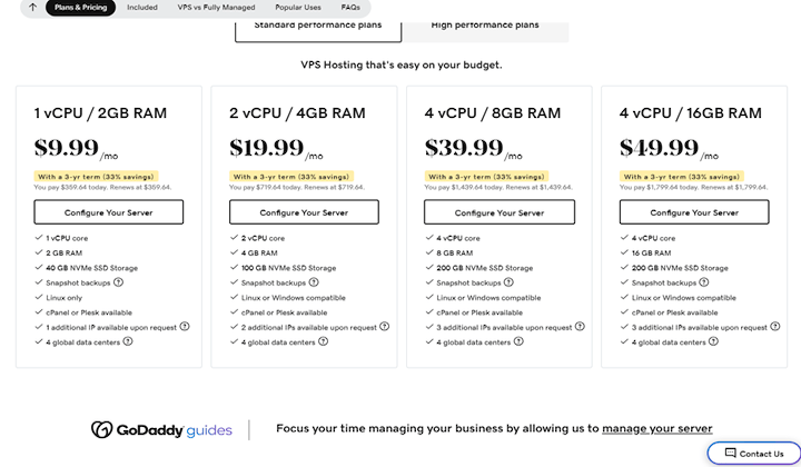 GoDaddy VPS pricing for Best VPS Hosting. 