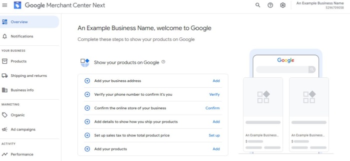 Google Merchant Center dashboard screenshot Google shopping actions