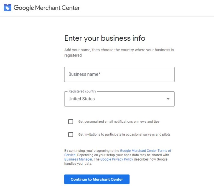 Google Merchant Center set up page screenshot Google shopping actions