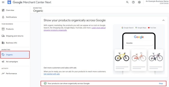 Google Merchant Center organic marketing page screenshot Google shopping actions