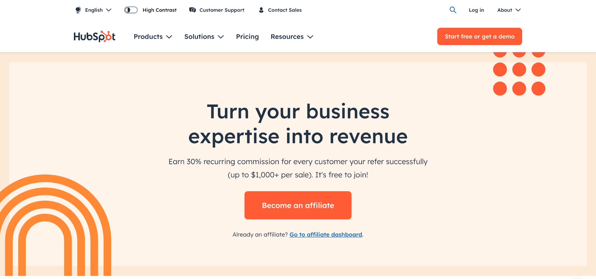 HubSpot affiliate landing page.
