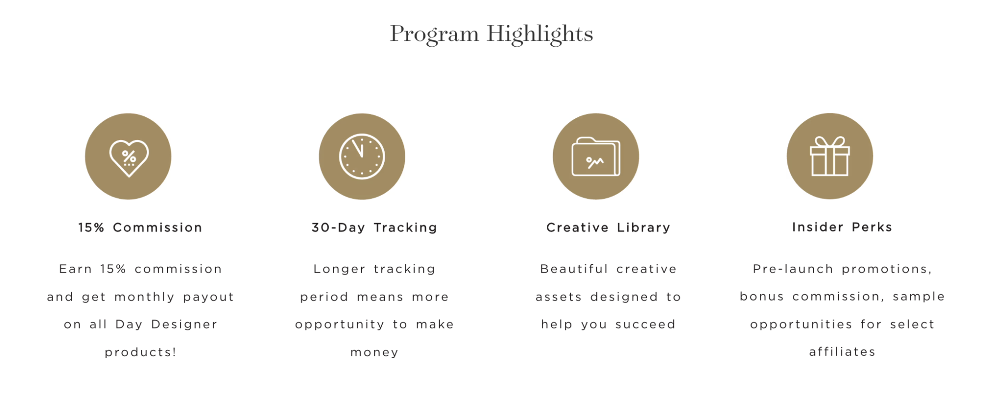 The Day Designer affiliate program highlights. 
