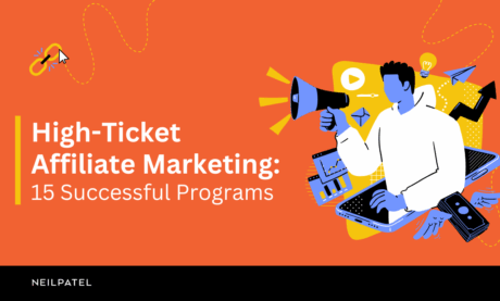 Illustration of a person with a megaphone and text that reads "High-Ticket Affiliate Marketing: 15 Successful Programs."