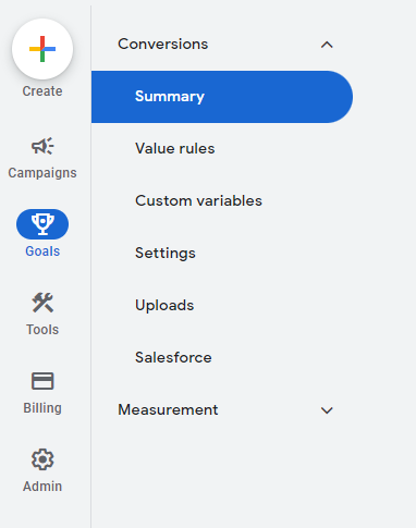 Goals button and summary tab in Google Ads
