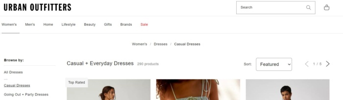 "casual dresses" subcategory product page on Urban Outfitters' website