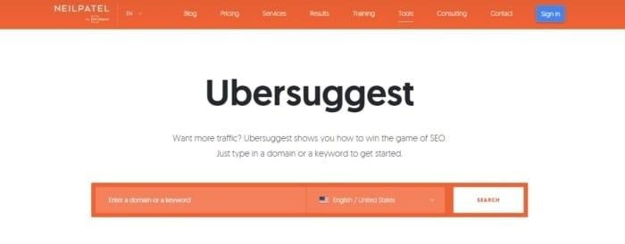 Ubersuggest home page 