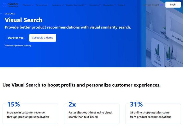 Clarifai Visual search AI tool homepage screenshot artificial intelligence in e-commerce
