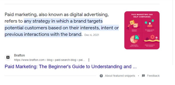 Featured snippet for paid marketing. 