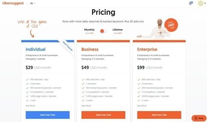 Ubersuggest pricing tiers, with Individual starting at $29 a month, Business $49 a month, and Enterprise $99 a month.
