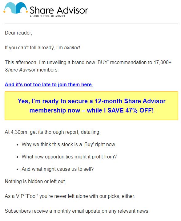 Motley Fool share advisor service email screenshot