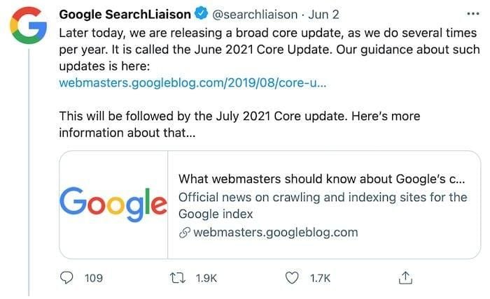 Tweet from google search liaison. 