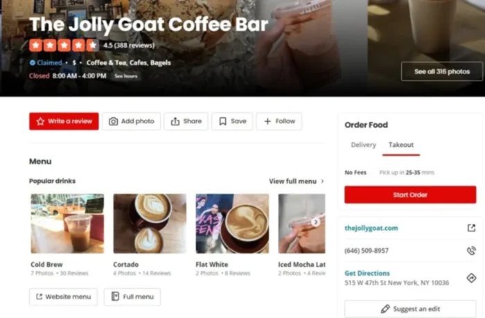 A Yelp Page for The Jolly Goat Coffee Bar.