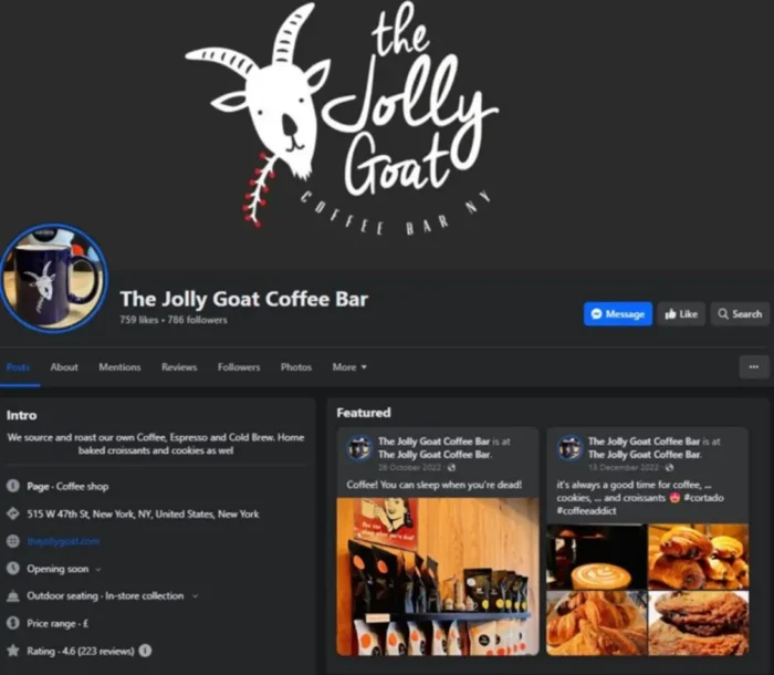 A Facebook page for The Jolly Goat Coffee Bar.