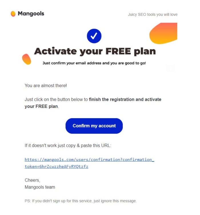 Mangools free account activation email