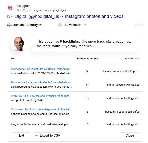 Ubersuggest Chrome SEO plugin results for the NP Digital Instagram page 