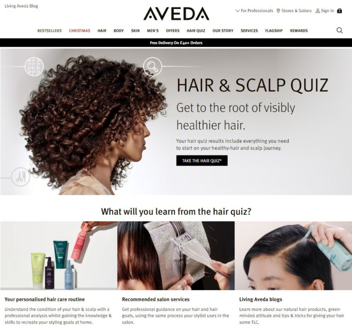 Aveda quiz marketing example screenshot marketing trends