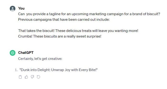 Asking Chat GPT to produce a tagline for a marketing campaign for biscuits