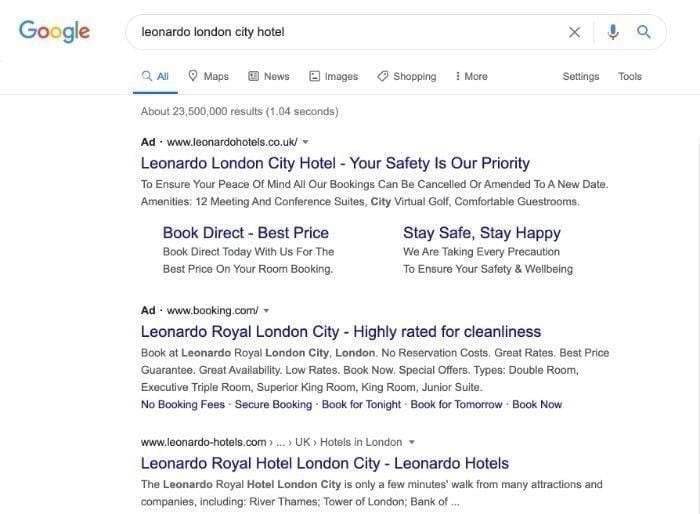 Google search results for the keyword "leonardo london city hotel" search engine marketing