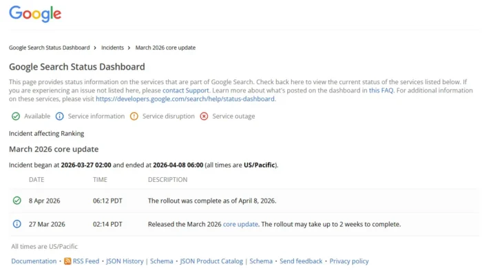 Google Search Status Dashboard.