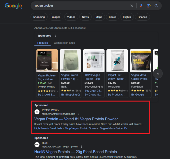 search results page with sponsored result for Protein Works