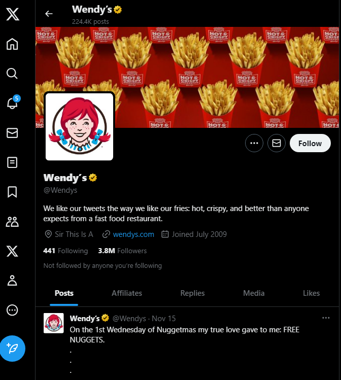 Wendy's profile on X