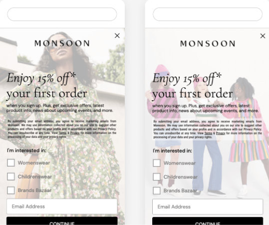 Monsoon pop-ups offering discounts for joining an email list