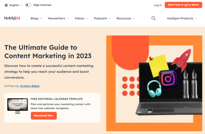 hubspot landing page for "Ultimate Guide to Content Marketing in 2023"