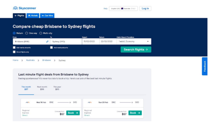 skyscanner landing page for "cheap Brisbane to Sydney flights"