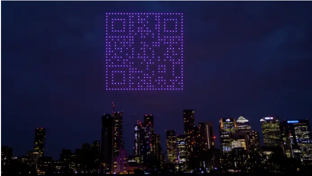 drones in the sky forming a scannable QR code