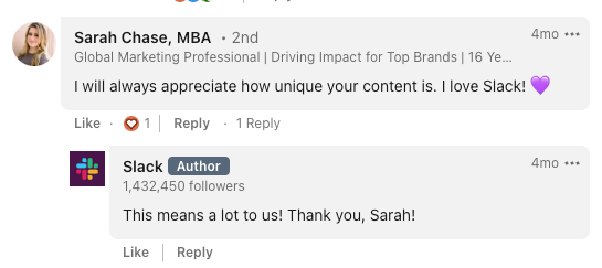 Interaction between a brand and individual on Linkedin.