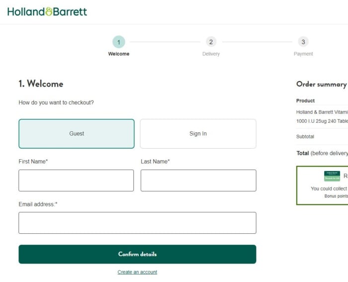 Holland and barrett checkout screen.