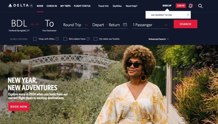 Call to action on Delta website. 
