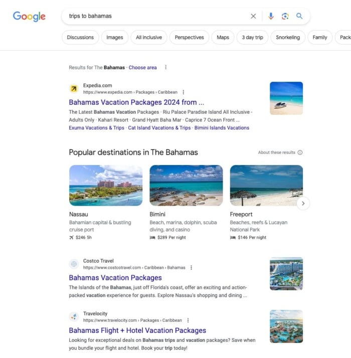 Google results for "trip to bahamas"
