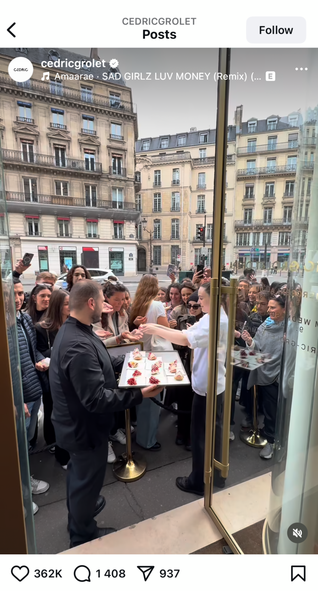 Cedric Grolet's social media post about a pastry sampling opportunity.