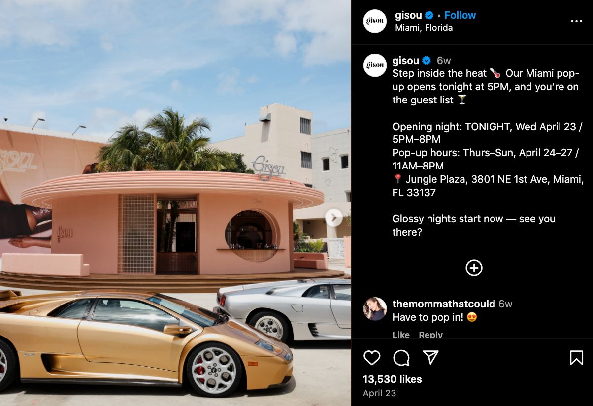 Social media post by Gisou, a beauty brand, about an upcoming pop-up shop.
