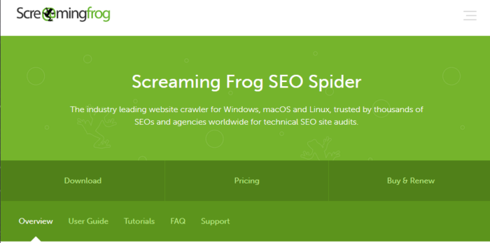 The Screaming Frog SEO Spider homepage.