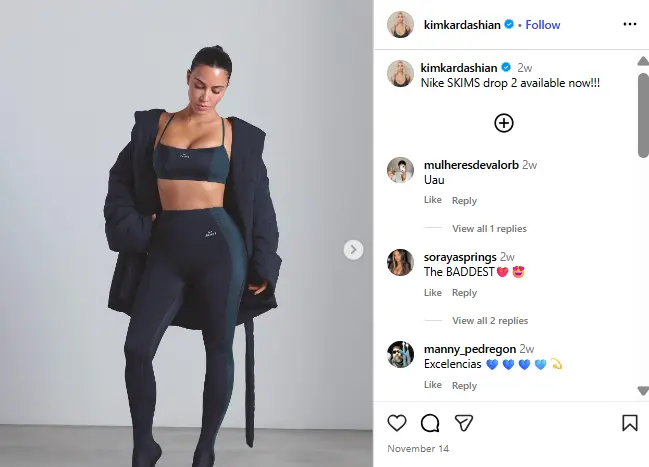 Kim Kardashian posing in a Nike x SKIMS outfit in an Instagram post announcing the Drop 2 release.