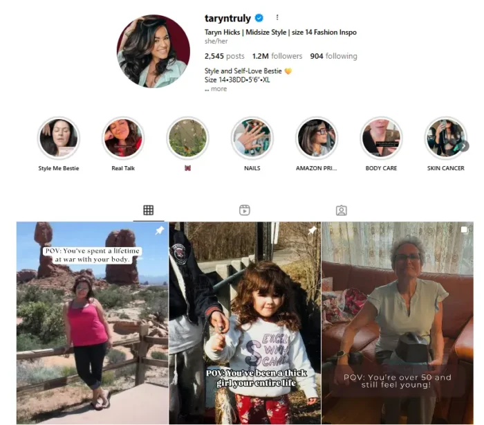 Taryn Truly’s Instagram profile showing her midsize fashion content.
